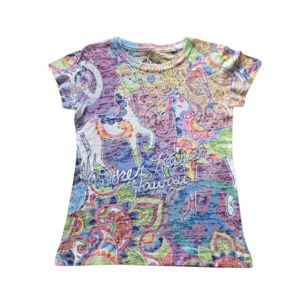 Blue 84 Hawaiian Kids Equestrian t-shirt Sz Small Girls Tie-Dye Horses Ranch USA